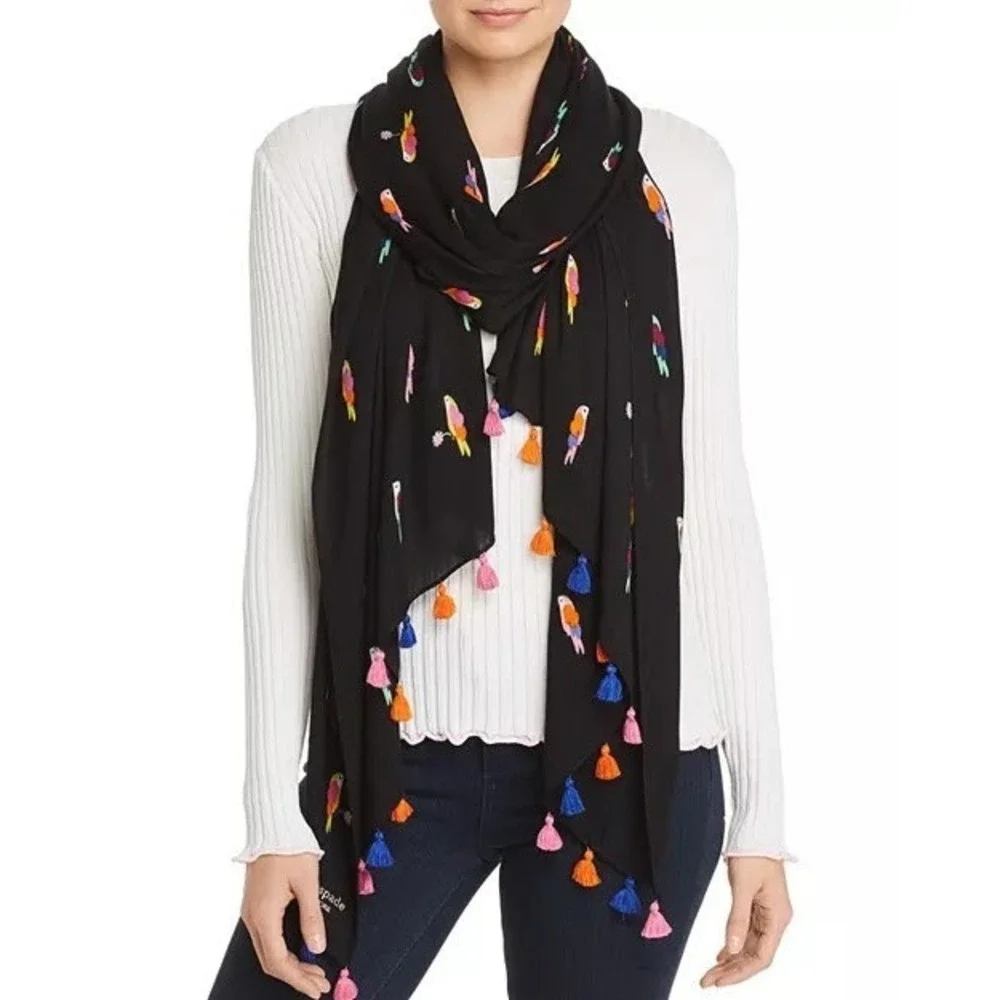 Kate Spade New York Parrot Print Scarf Shawl Black Multicolor Tassel Trim Wrap